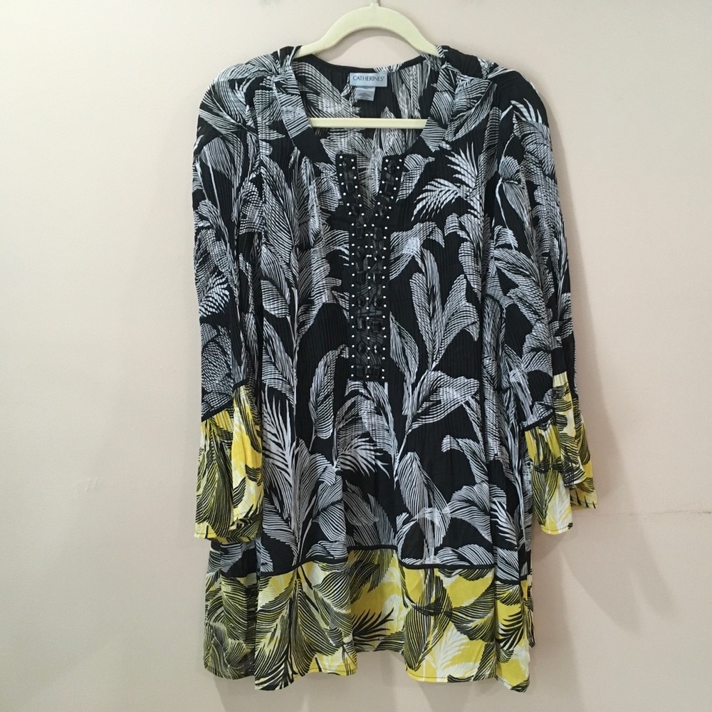 Catherines Leaf Tropical Tunic Blouse Womens Plus 3X Black  Flowy Cover Up Top